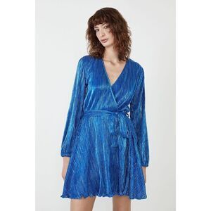 Bardot XS Long Sleeve Bellisa Pleated Wrap Mini Dress Bright Metallic Blue Party